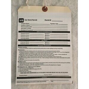 Hot Work Permit Tag 50-pk. -Carbon Copy, Cardstock, 5.5 x 8.0 " Tie String NEW